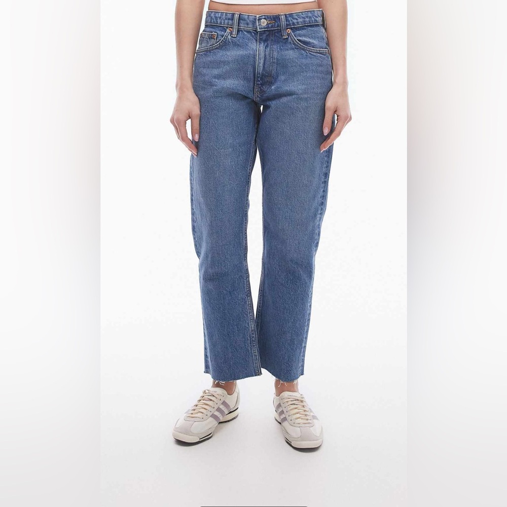 Topshop cropped mid rise blue jeans with raw hem